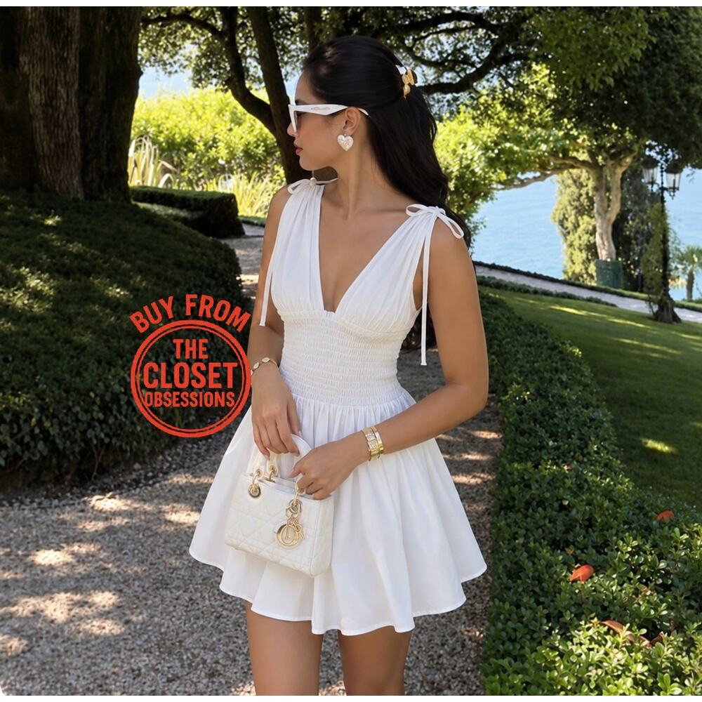 Zara NWT White Smocked Tie Shoulder Cotton Mini Dress L - Picture 2 of 16